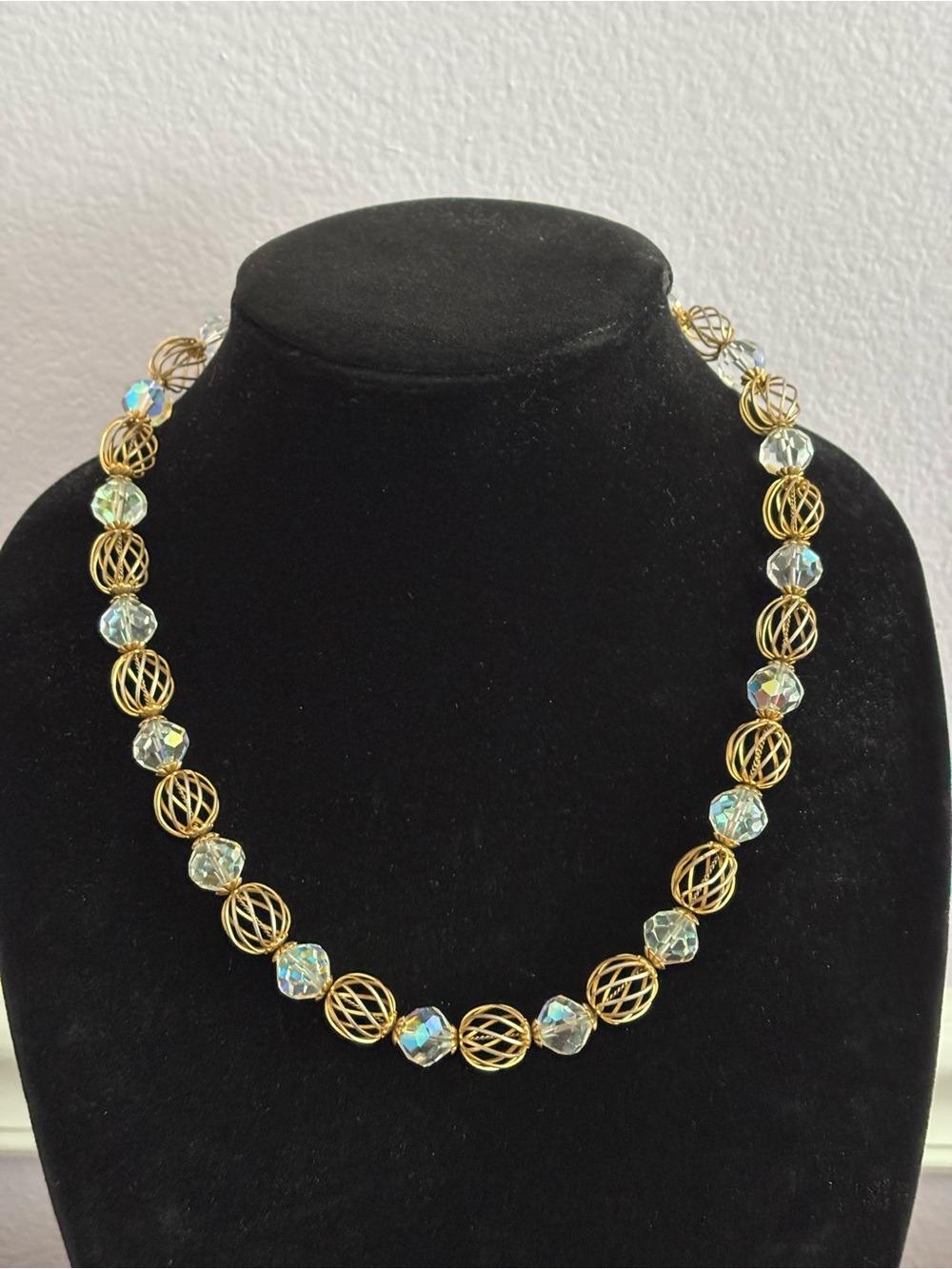 Vintage Marvel Gold Cage & Crystal Bead Necklace 21” – Rare Statement Piece